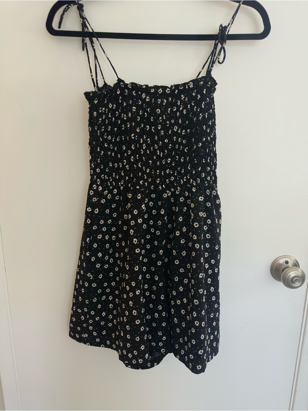 Black Floral Smocked Mini Dress with Tie Straps